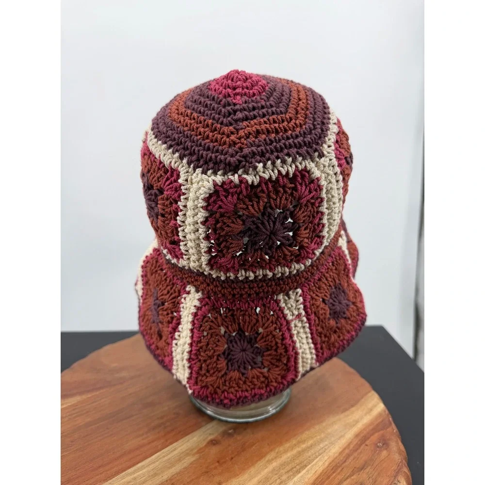 Lucky Brand Granny Square Crochet Bucket Hat Women One Size Burgundy Multi Boho
